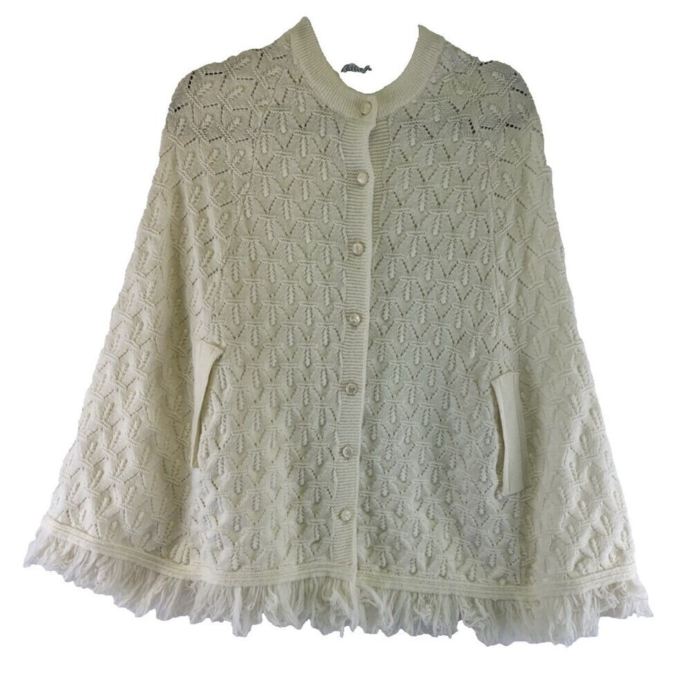 Billie Jo Sportswear Poncho Sweater Cape Fringe Trim Button Crewneck One Size